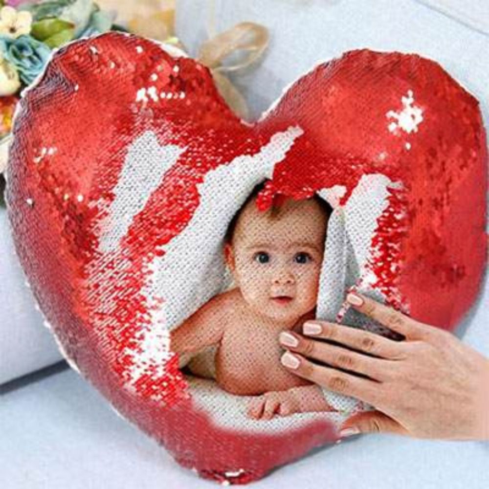 SMR Kart  Magic Sequin Heart Cushion Cover (Red & White)