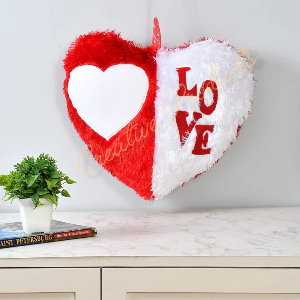 SMR Kart  Fur Heart Cushion Cover (20 × 20 cm, Red & White)